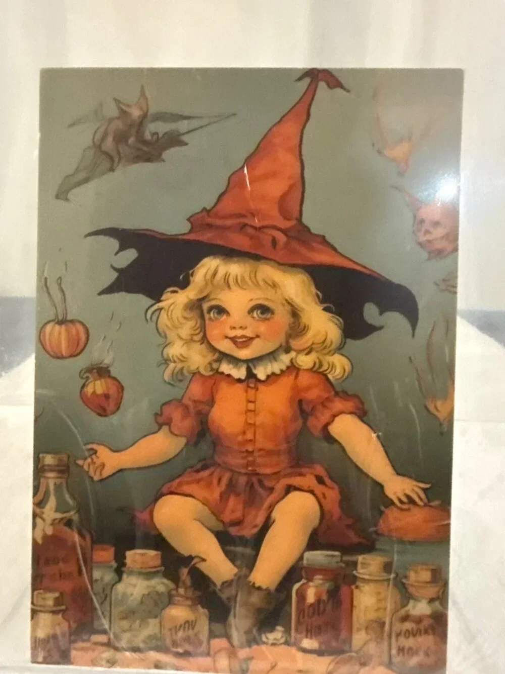 Vintage Halloween Witch Postcard With Blonde Girl Red Hat Bottles Pumpkins & Bat